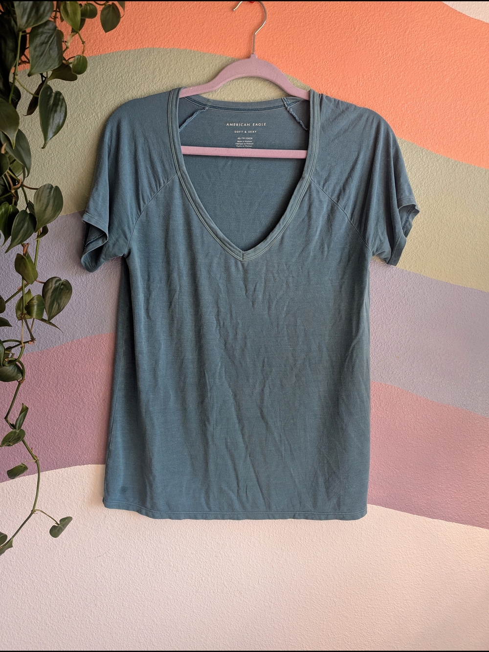 American Eagle Outfitters Women's V-Neck Tee in Dusty Blue XS